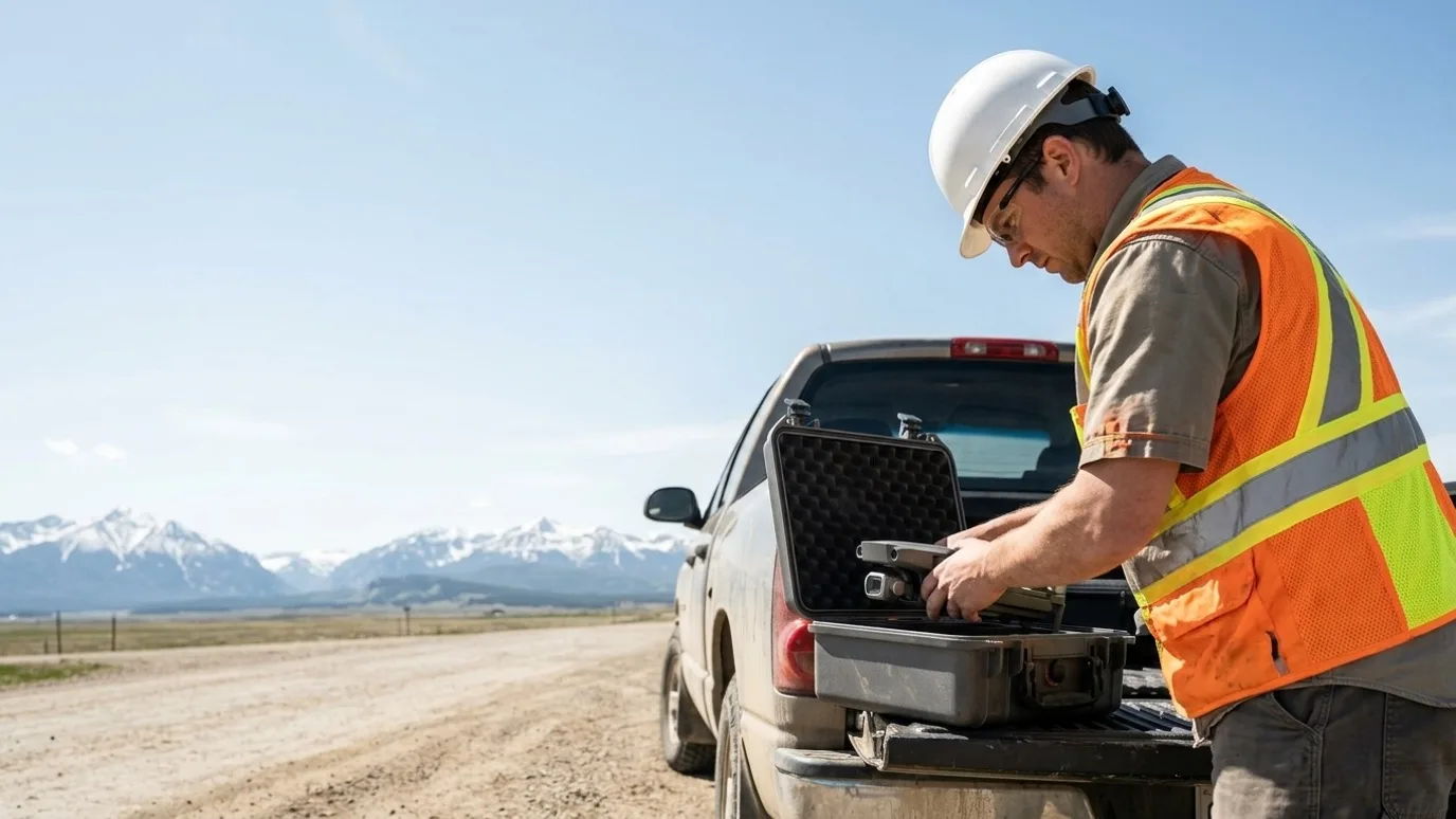 Operator packing a drone into its case on a pickup tailgate on a gravel road, snow-capped mountains behind (illustrative)