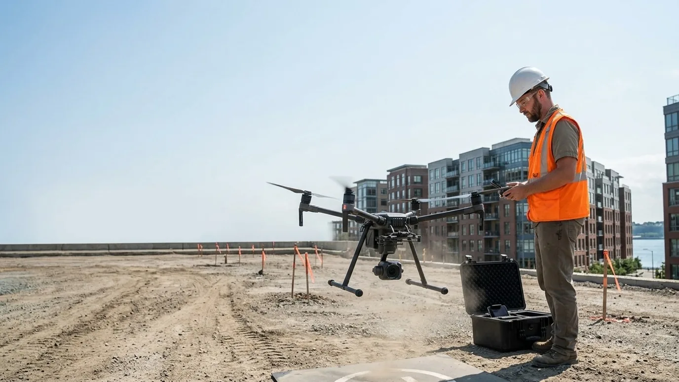 Drone lifting off from a graded infill lot with survey stakes, mid-rise buildings and water behind (illustrative)