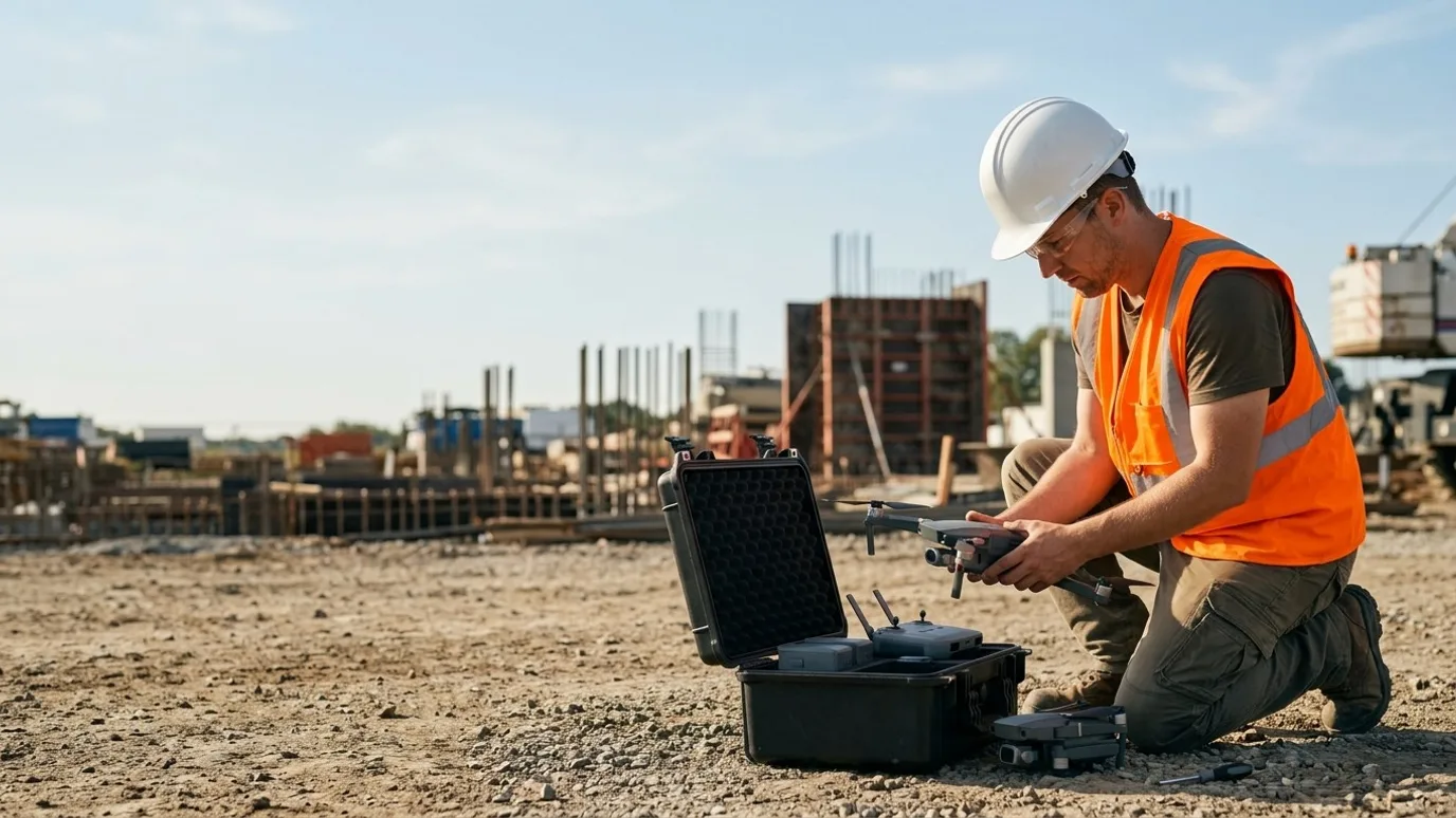 Drone operator in a hard hat and high-visibility vest kneeling beside an open equipment case on a construction site, foundations and a crane behind (illustrative)
