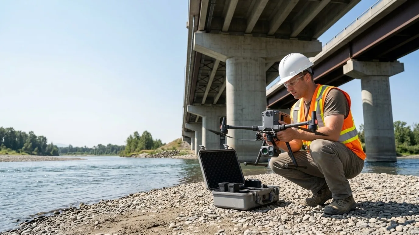 Drone operator crouched on a gravel riverbank beneath a concrete highway bridge, holding an inspection drone (illustrative)