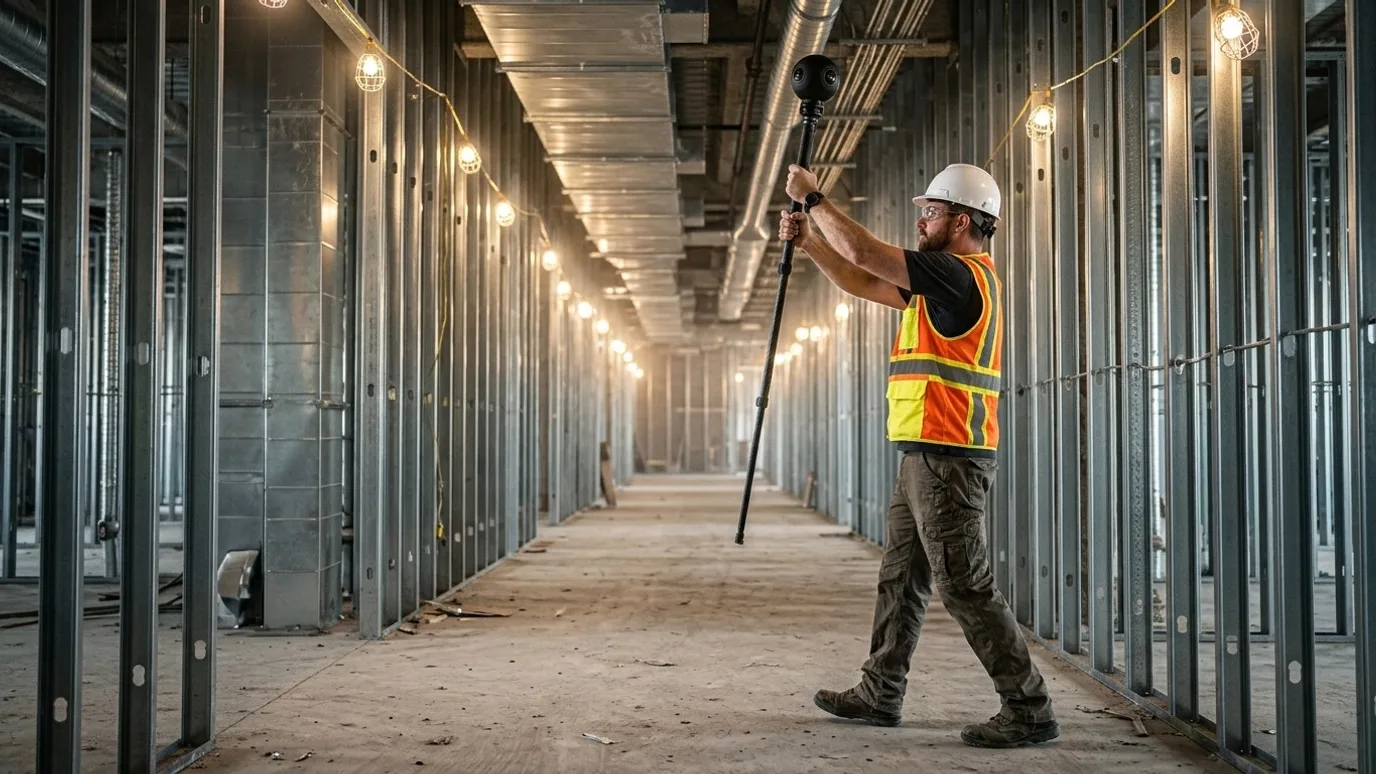 Operator walking a corridor of metal studs and ductwork with a 360 camera raised on a monopod (illustrative)