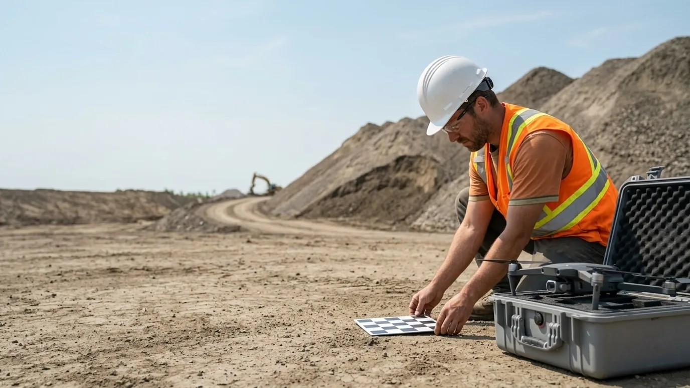 Operator placing a checkerboard ground control target on bare earth, stockpiles and a haul road behind (illustrative)