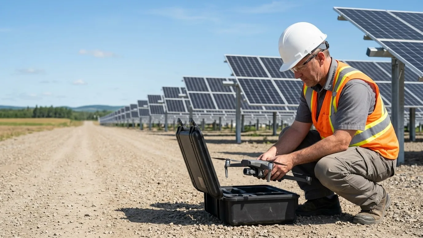 Drone operator crouched on the access road of a solar farm, unfolding a drone beside its case (illustrative)