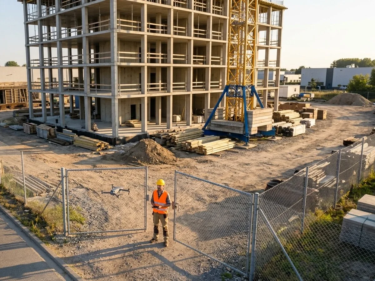 Aerial view of a concrete frame under construction with a tower crane and material laydown (illustrative)