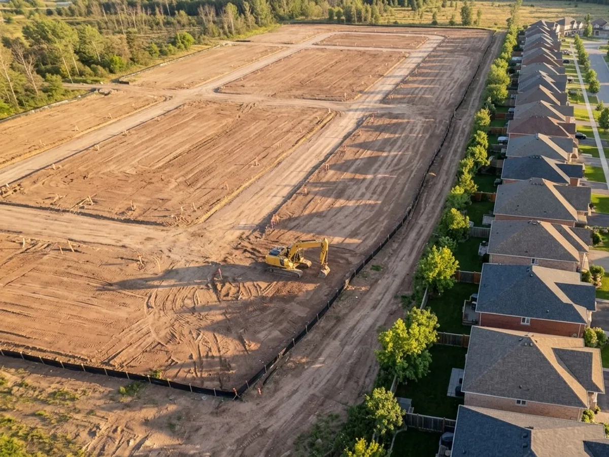 Aerial view of a graded development parcel with survey stakes beside a finished neighbourhood (illustrative)