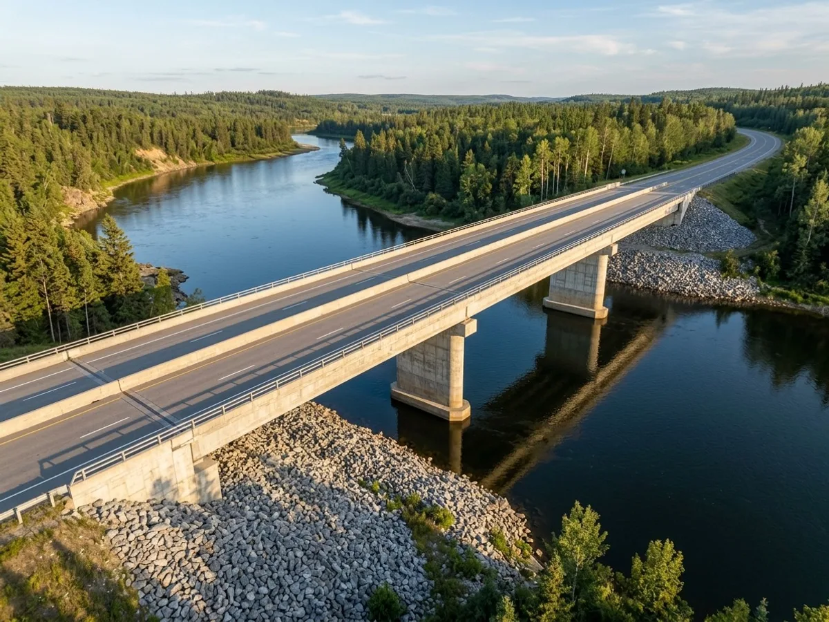 Oblique aerial view of a concrete highway bridge and piers over a river (illustrative)