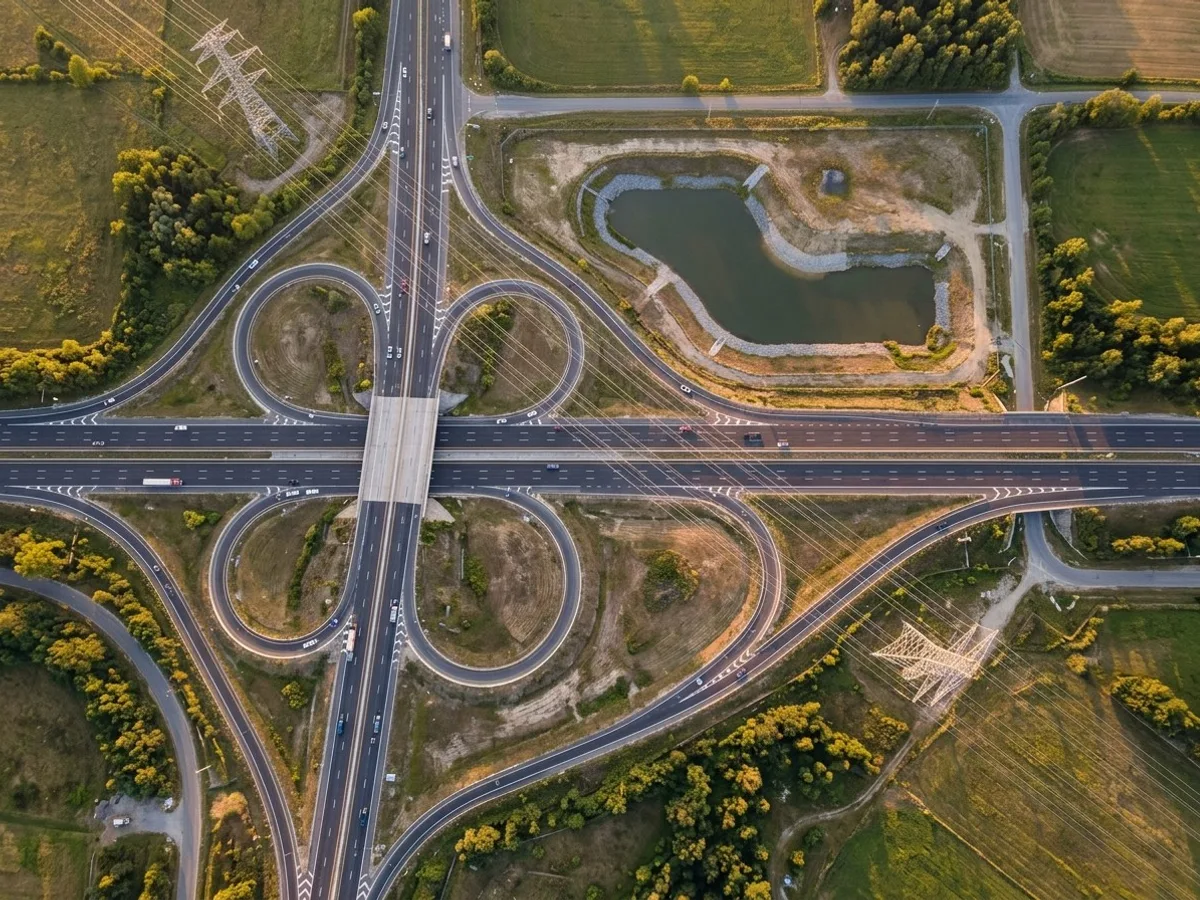 Straight-down aerial view of a highway interchange, stormwater pond and transmission corridor (illustrative)